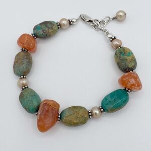 Vintage 925 Sterling Silver Turquoise Carnelian & Freshwater Pearl Bracelet